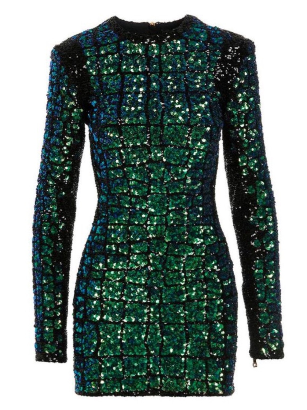 Balmain Green and Black Embellished Crocodile-Effect Long Sleeve Mini Dress